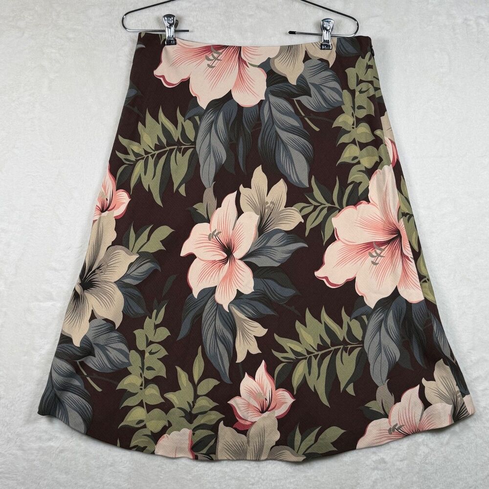 Tommy Bahama 100% Silk A-Line Skirt Floral Hibiscus Brown Size 12 Tropical